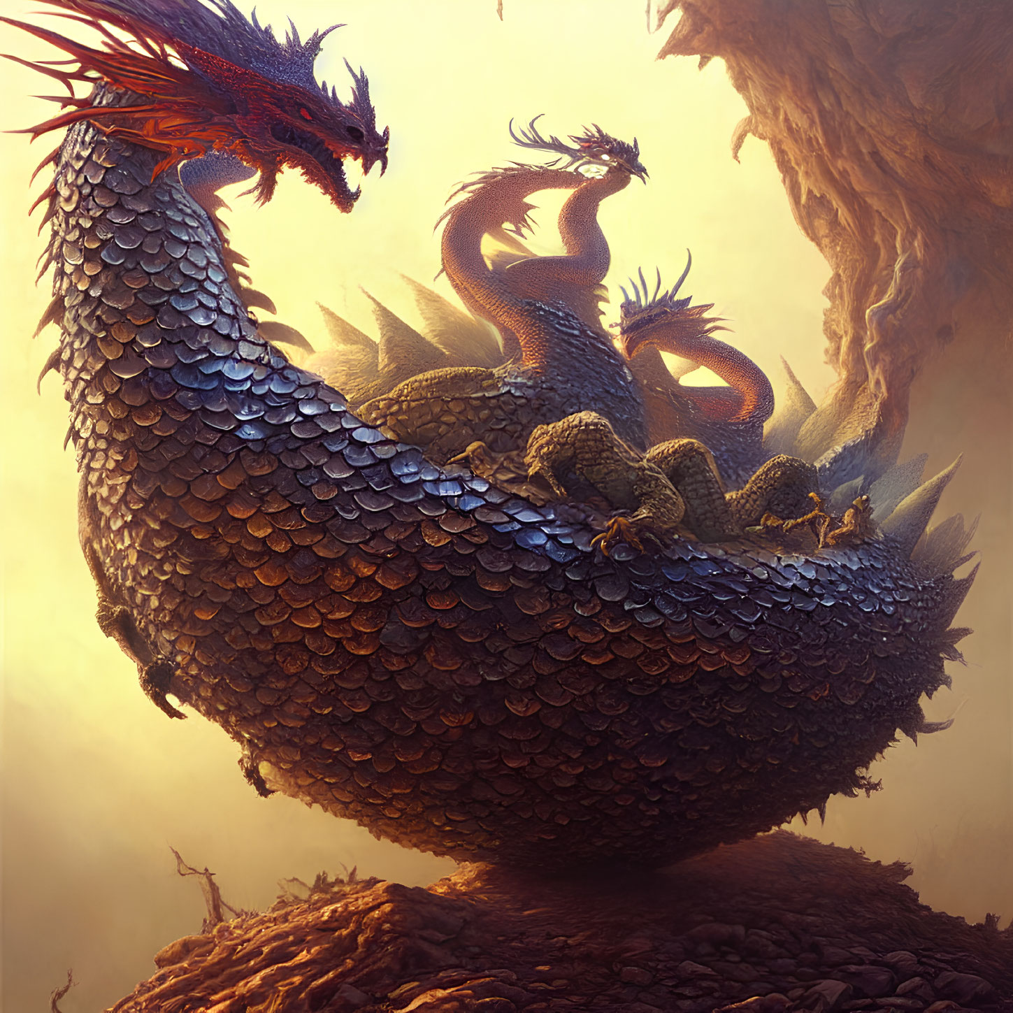 Majestic multi-headed dragon on rocky terrain with gleaming scales