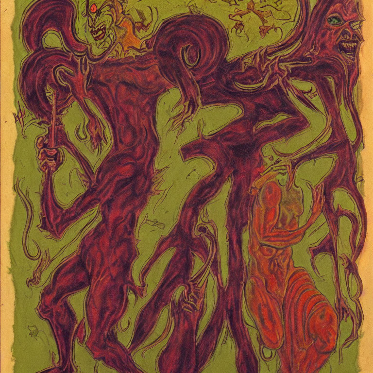 Abstract Red-Toned Painting of Chaotic Demonic Figures