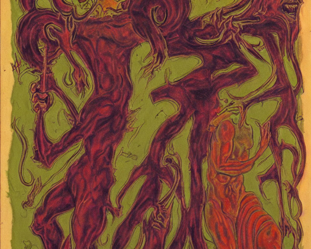 Abstract Red-Toned Painting of Chaotic Demonic Figures
