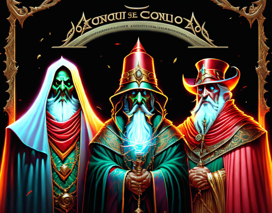 Three wizards in robes with beards hold a glowing blue orb against ornate backdrop