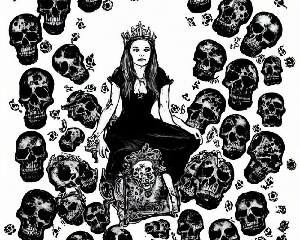 Woman in crown and black dress on throne with skull pattern on white background