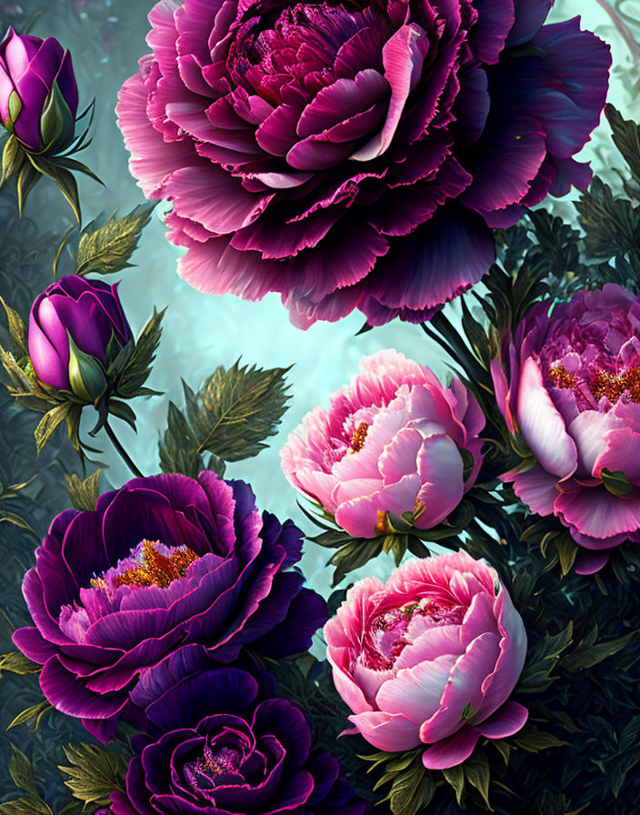 Vibrant Purple and Pink Peonies with Dark Green Foliage