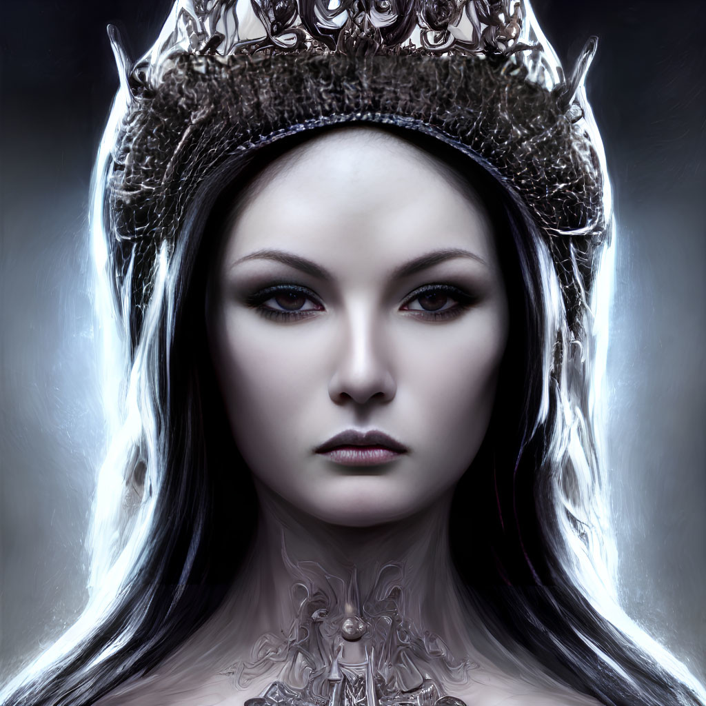 Mystical woman with intricate crown and dark makeup on cool-toned backdrop