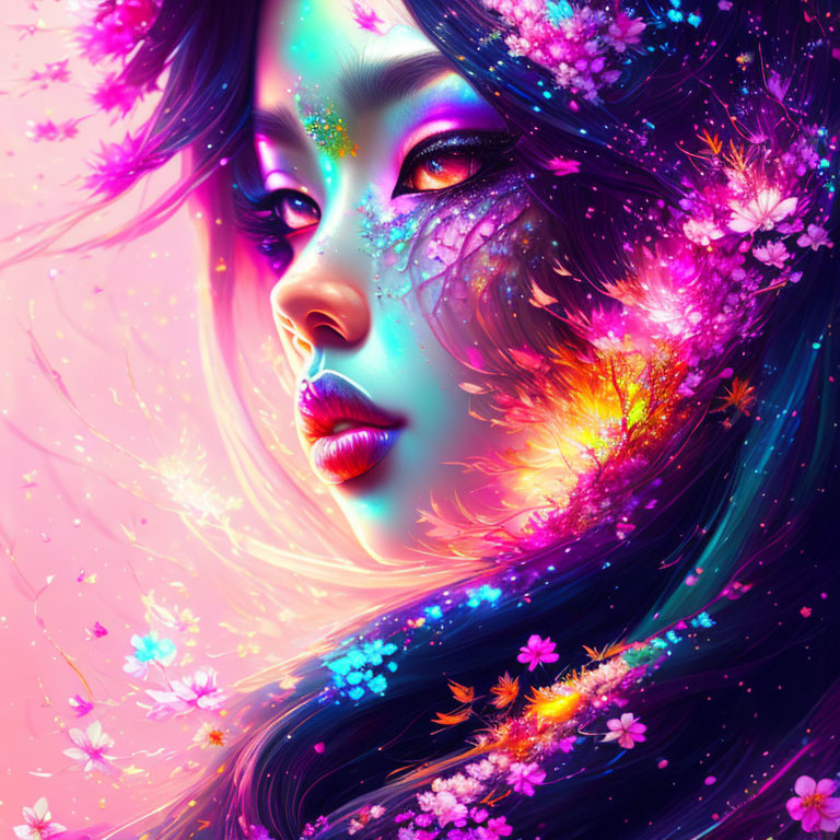 Colorful digital artwork: Woman with cosmic hair and flowers