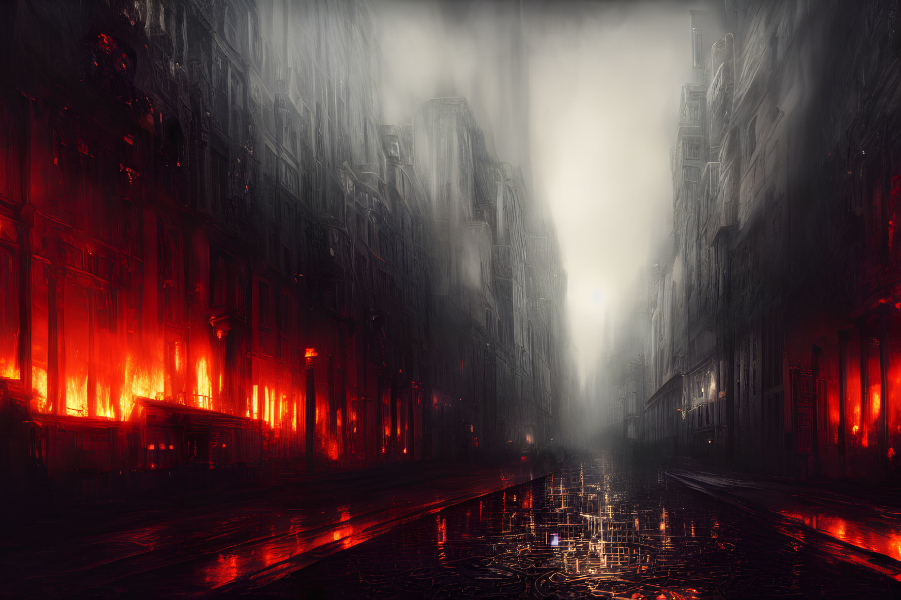 Flaming buildings and misty street scene with reflective cobblestones