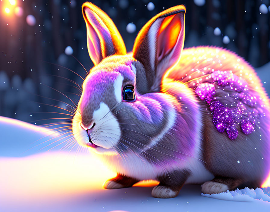 Colorful Sparkling Rabbit in Snowy Twilight Landscape