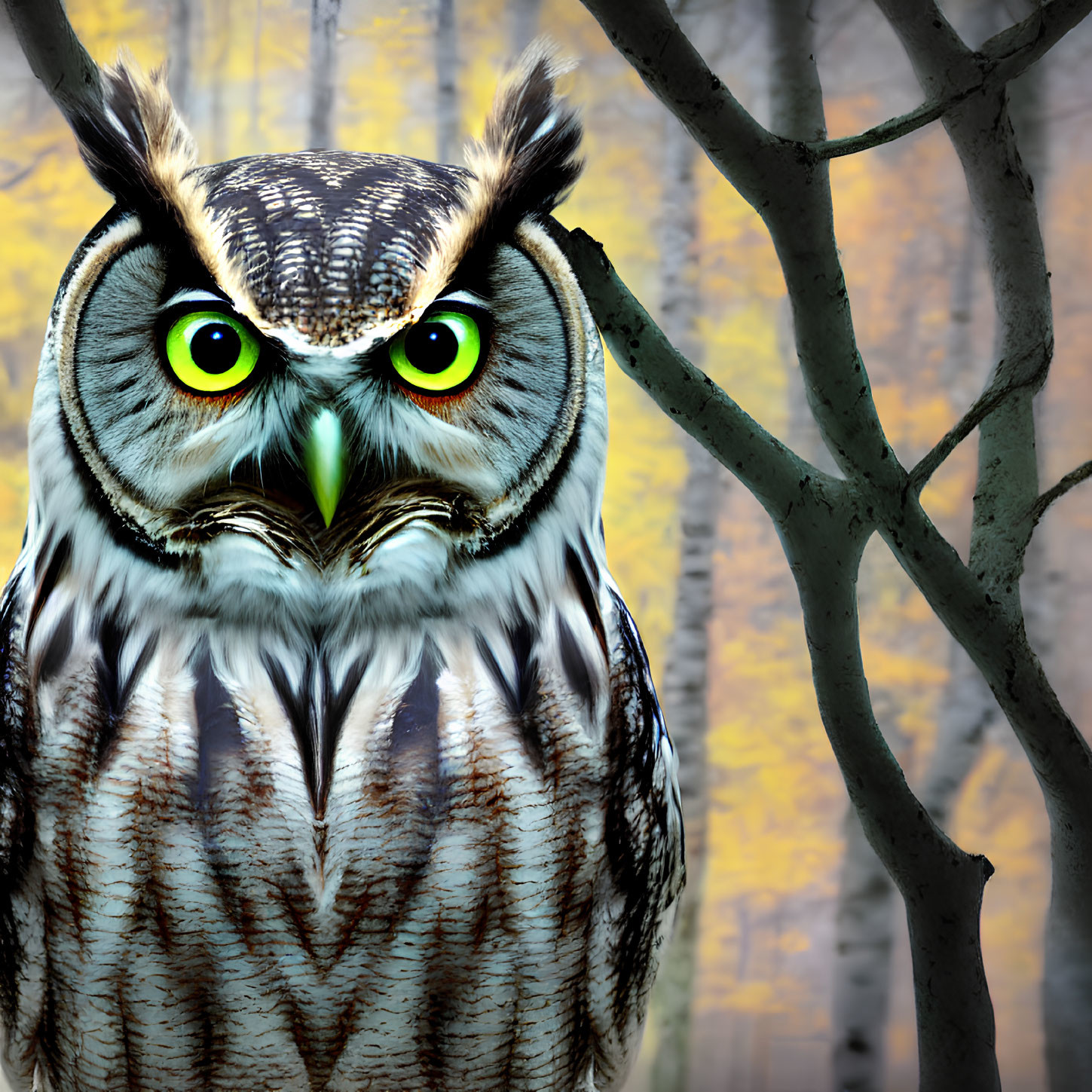Detailed Owl Illustration with Intense Green Eyes in Forest Scene