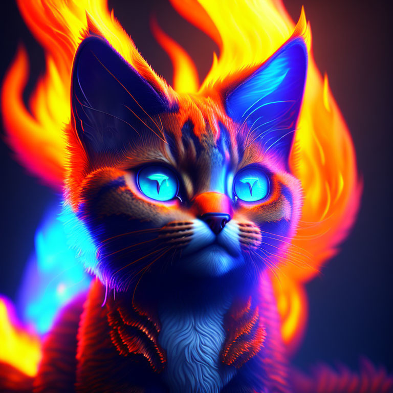 Colorful digital artwork of a mystical cat with fiery orange and blue fur