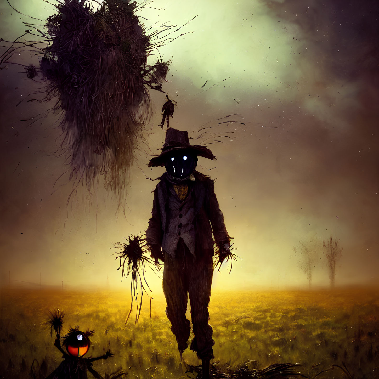 Spooky scarecrow artwork in twilight field with glowing eyes and birds' nest