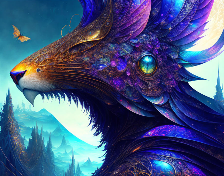 Colorful digital artwork of majestic mythical bird creature with captivating blue eye