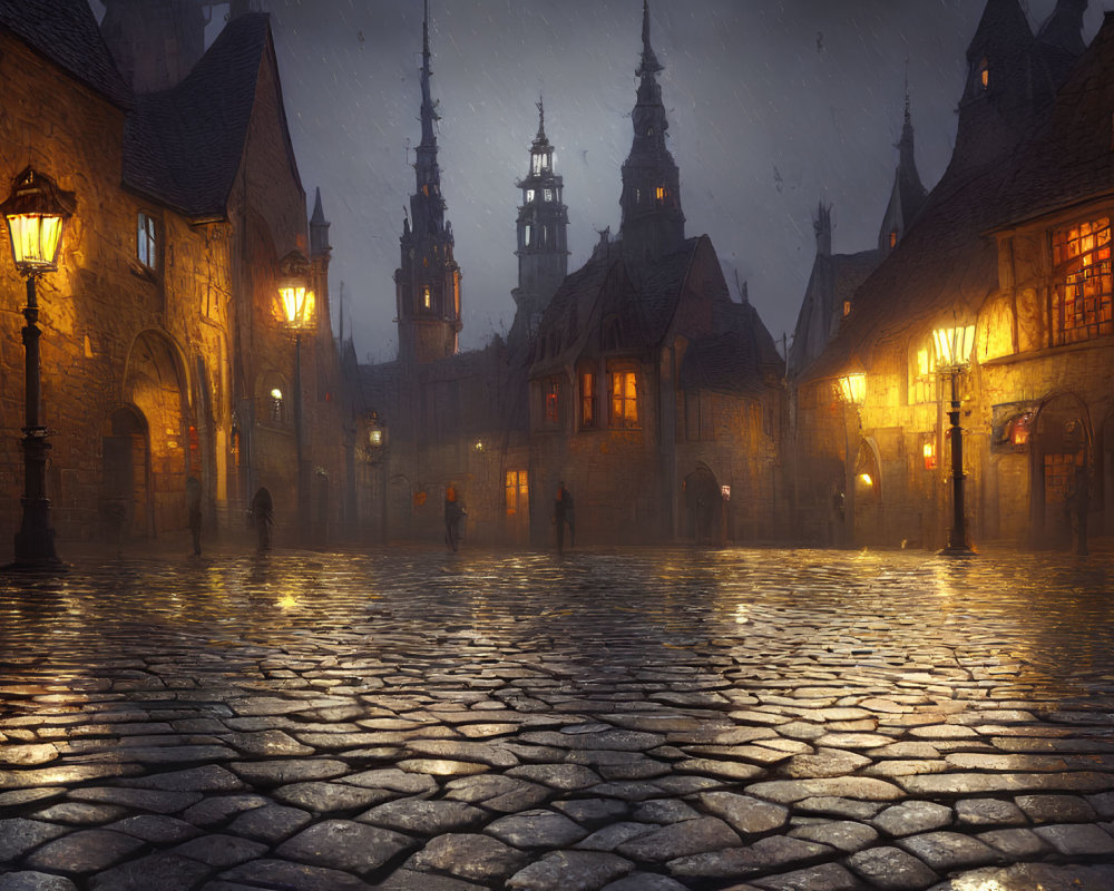 Rainy Evening Cobblestoned Square with Glowing Lamps
