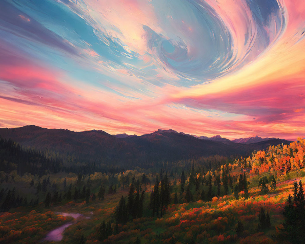 Colorful Sky Over Autumnal Forest and River