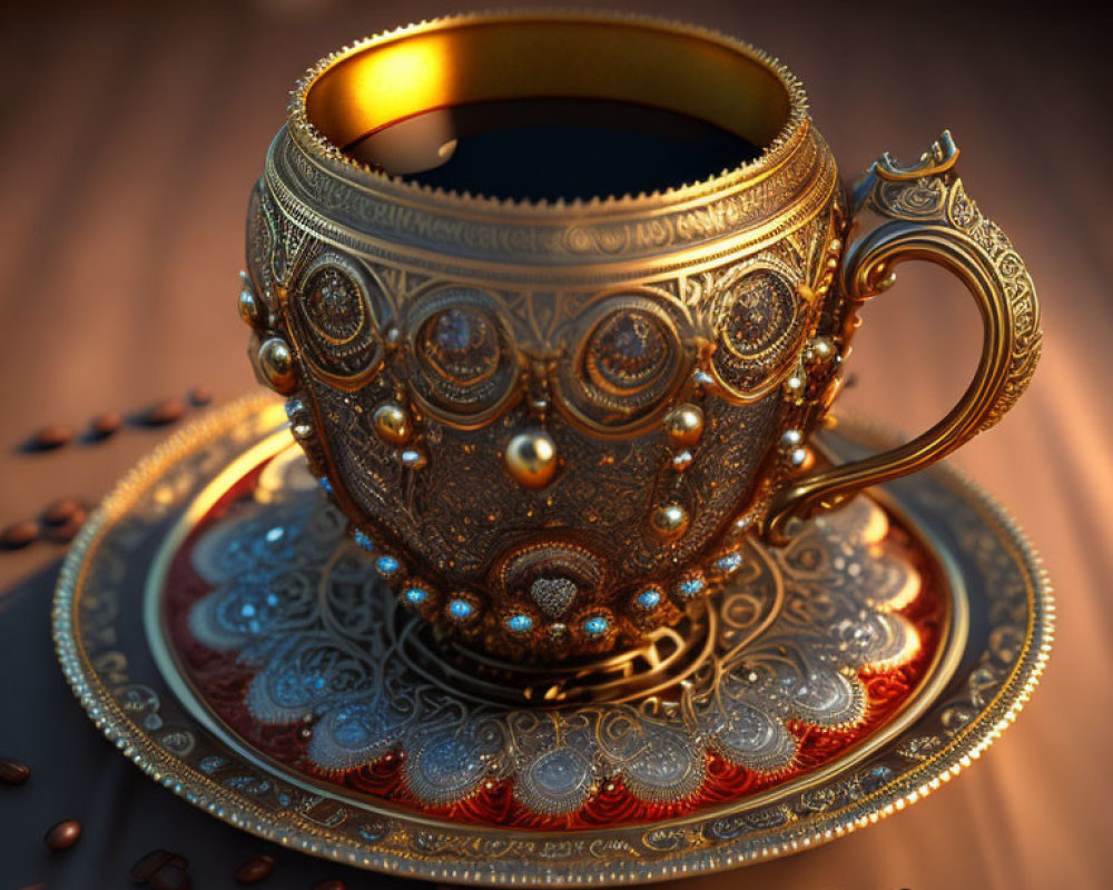 Golden Cup with Dark Liquid and Coffee Beans on Wooden Surface