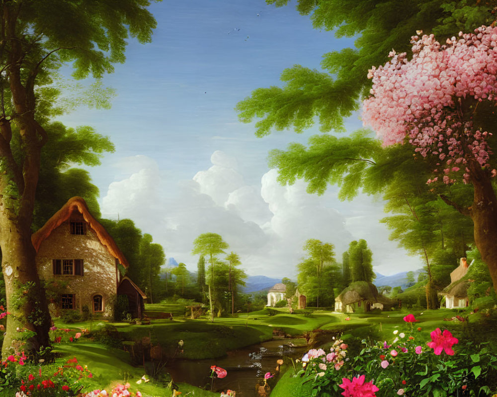 Tranquil countryside scene with cottage, trees, hills, and sky