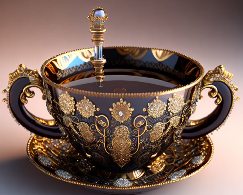 Golden cup with intricate patterns and jewels on matching saucer