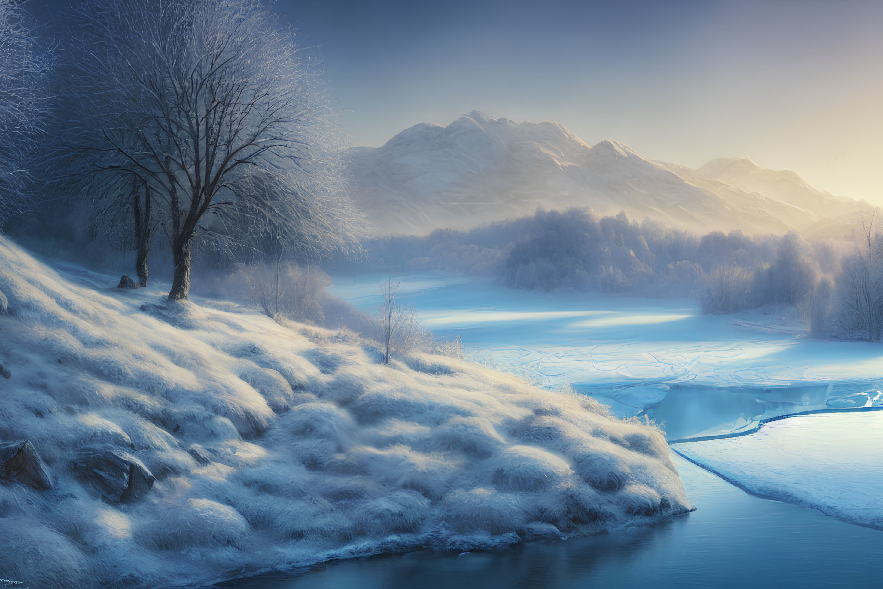 Snow-covered tree, frozen river, mountains in serene winter landscape