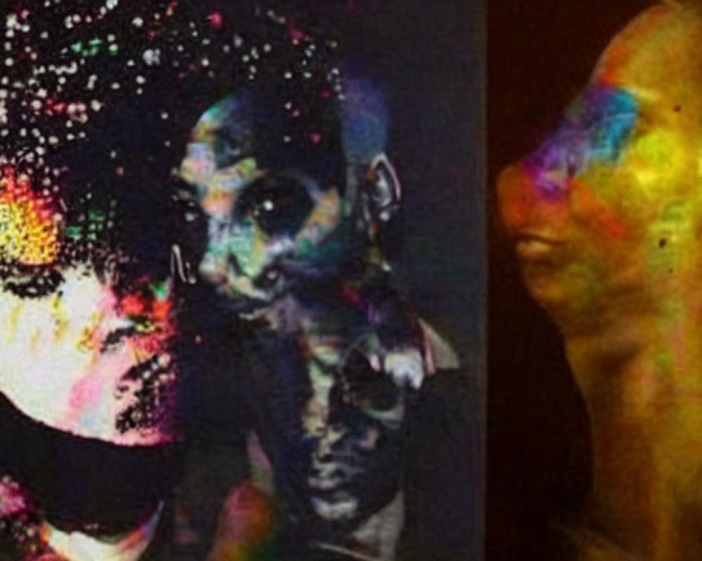 Collage of faces with vibrant neon paint effects