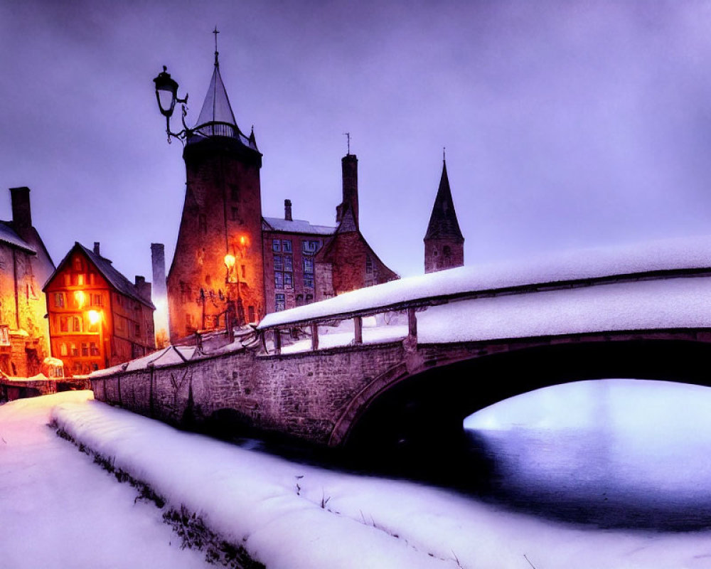 Snow-covered bridge and canal-side houses: Twilight scene with medieval buildings and lantern in dusky sky