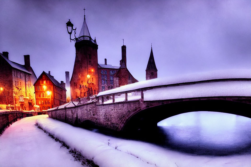 Snow-covered bridge and canal-side houses: Twilight scene with medieval buildings and lantern in dusky sky