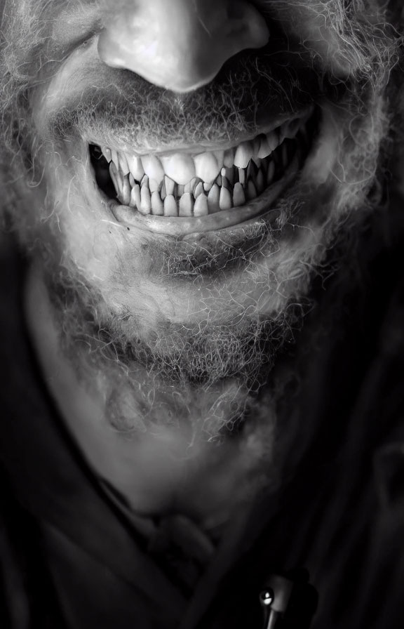 Person smiling with imperfect teeth and fuzzy beard in monochrome.