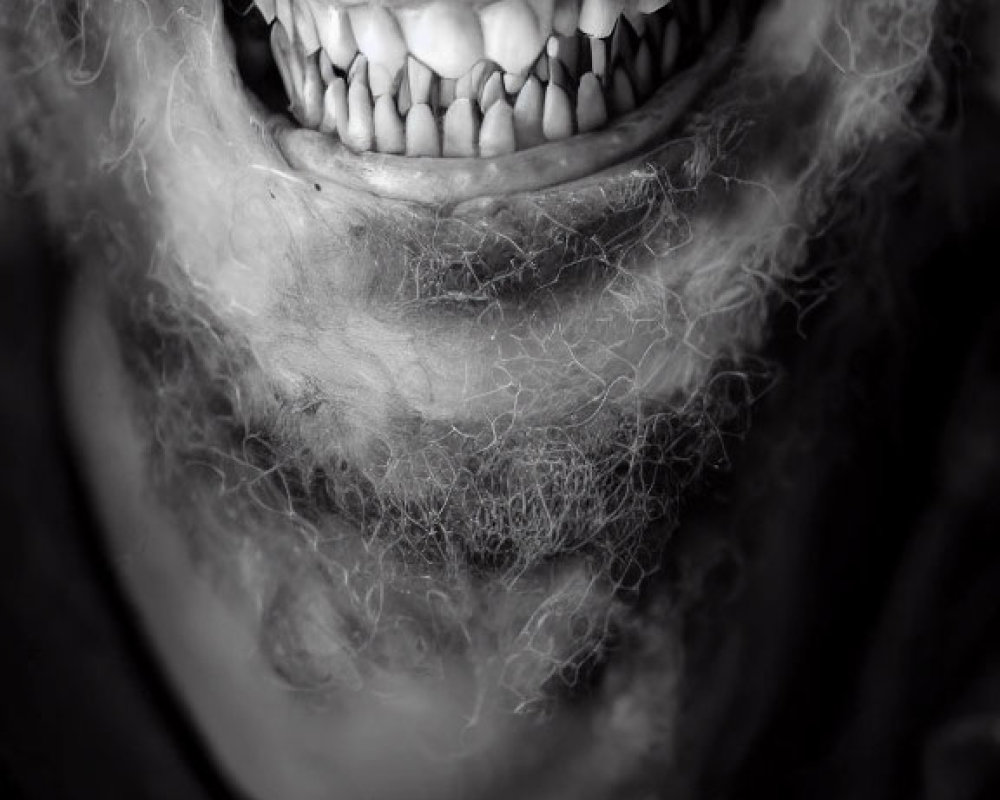 Person smiling with imperfect teeth and fuzzy beard in monochrome.