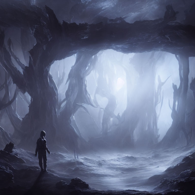 Mysterious figure at entrance of dark cavern with eerie silhouettes and twisted tree-like formations