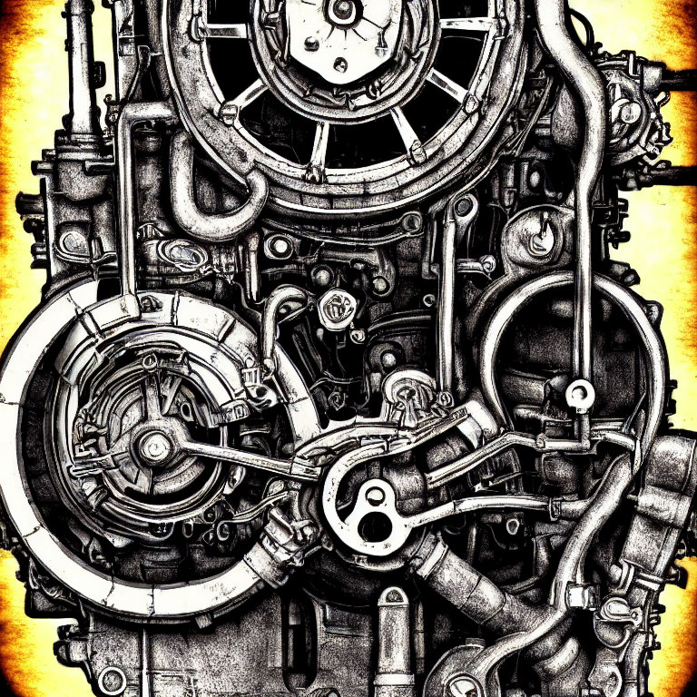 Detailed monochromatic drawing of intricate machinery with pipes, gears, and mechanical parts in a complex layout
