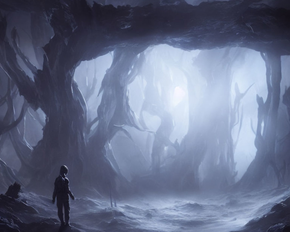 Mysterious figure at entrance of dark cavern with eerie silhouettes and twisted tree-like formations