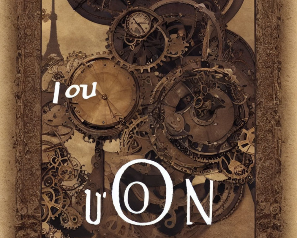 Vintage Mechanical Gears and Cogs with Overlapping Text Hints