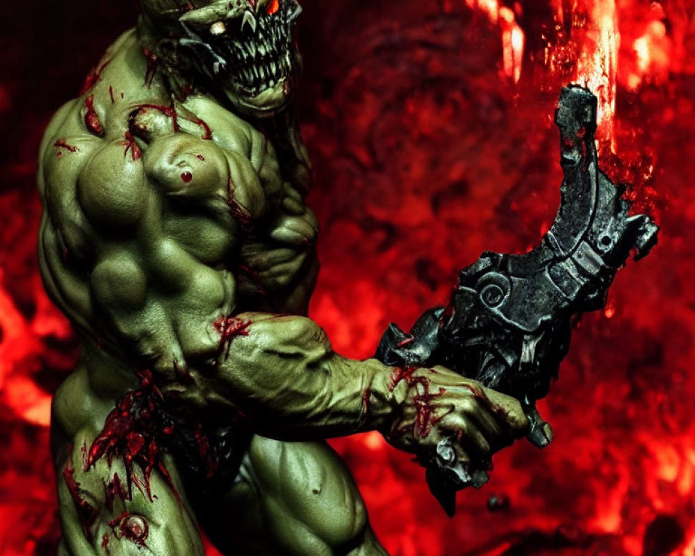 Muscular green-skinned creature with glowing red eyes and sharp teeth holding a large weapon in a crimson
