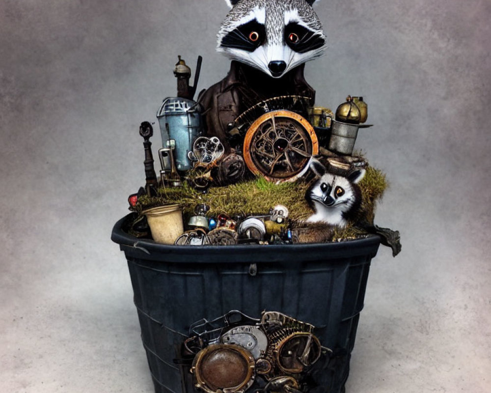 Steampunk-style raccoon figures in black bin with vintage machinery.