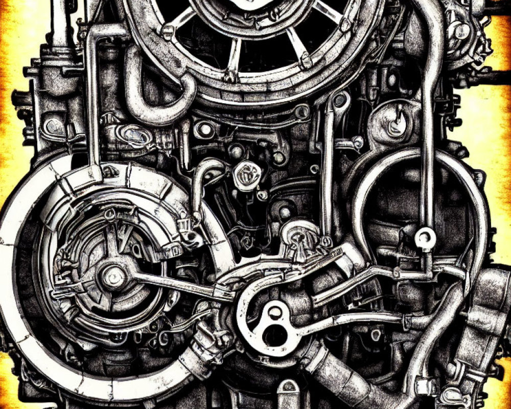 Detailed monochromatic drawing of intricate machinery with pipes, gears, and mechanical parts in a complex layout