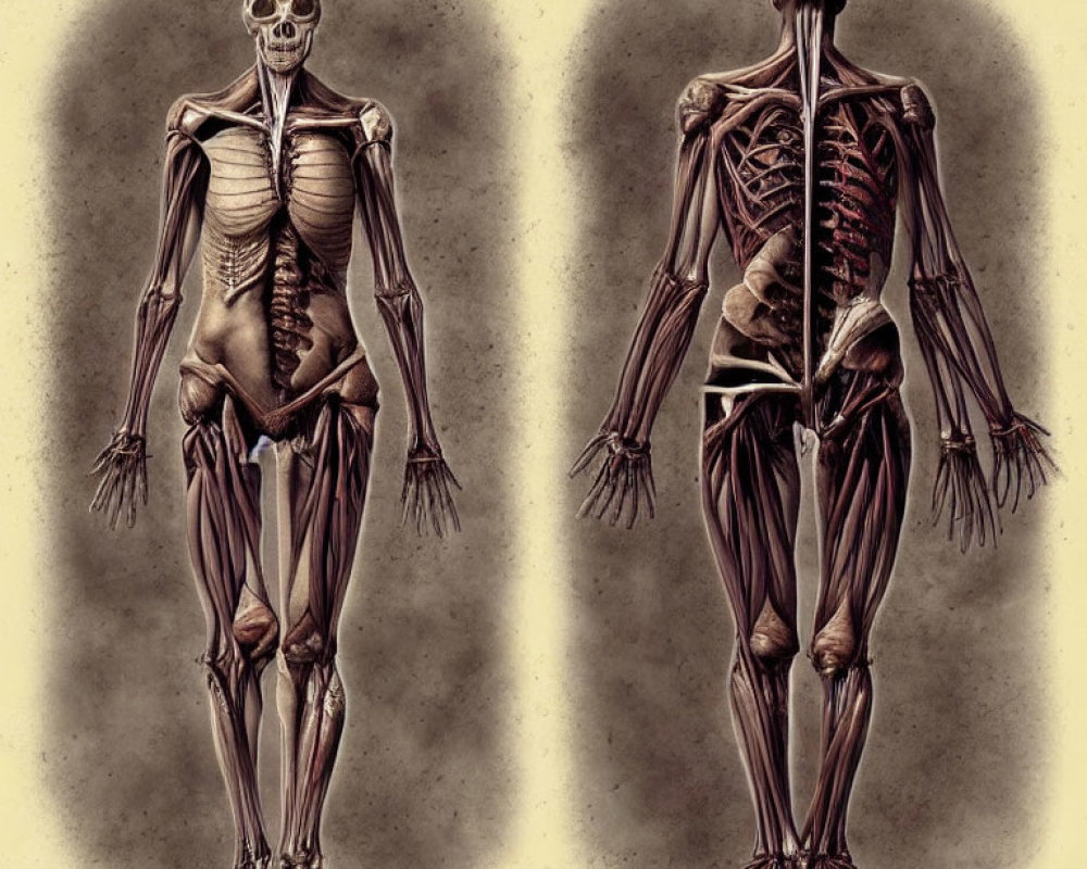 Anatomical illustrations of full skeleton and muscle structure shown side by side.