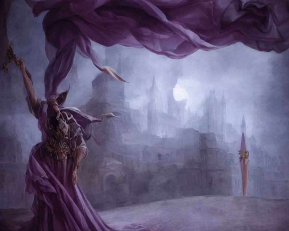 Figure in flowing purple gown with staff against mystical castle backdrop
