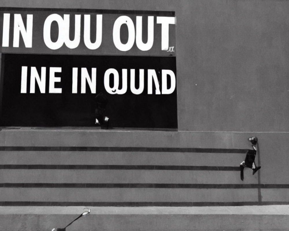 Monochrome image: distorted "IN OUT" text on wall with walking person and small dog on leash
