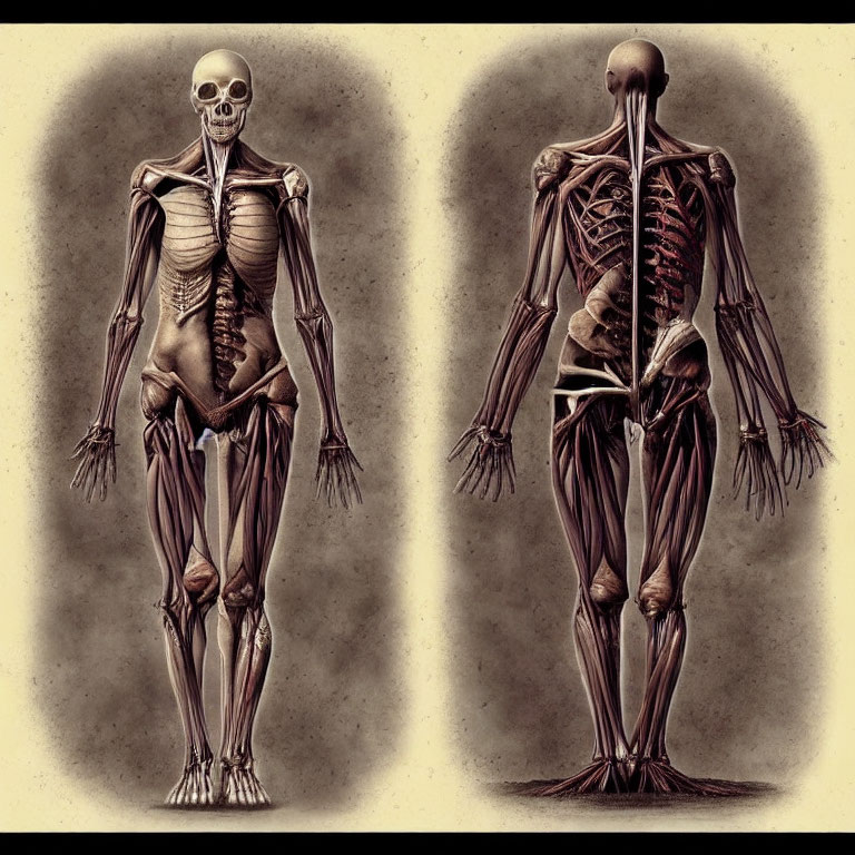 Anatomical illustrations of full skeleton and muscle structure shown side by side.
