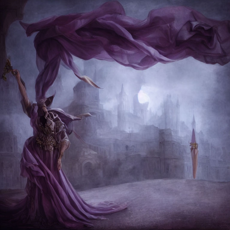 Figure in flowing purple gown with staff against mystical castle backdrop