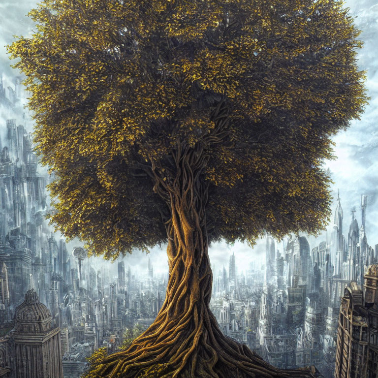 Majestic tree against detailed cityscape