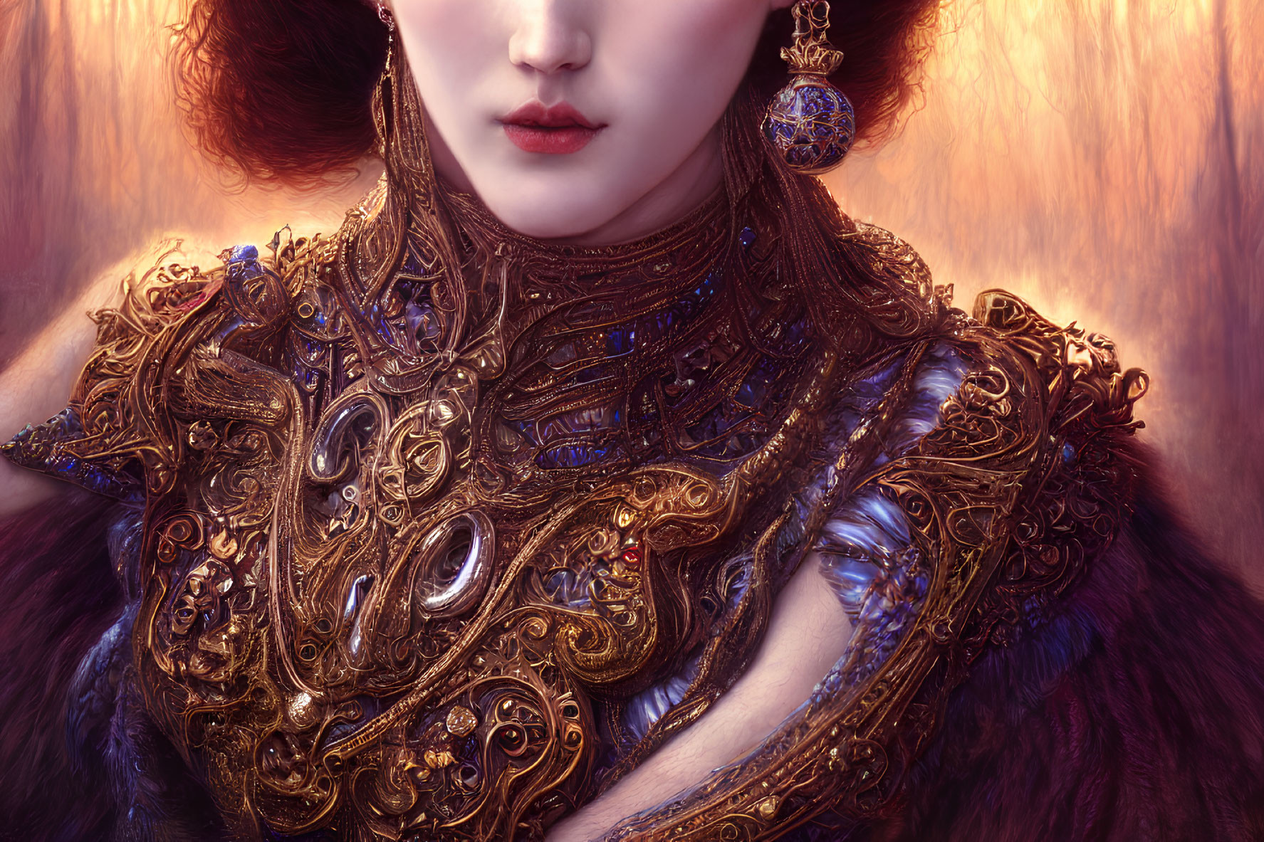 Pale-skinned woman in red lipstick wearing gold armor and fur accents on reddish background
