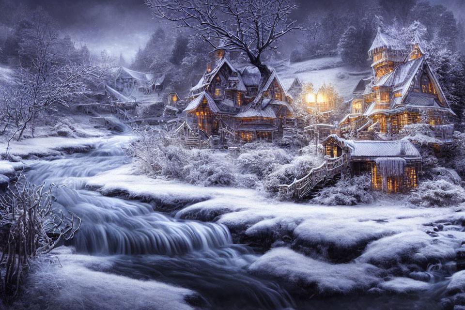 Snow-covered cottages and river in a nighttime winter scene