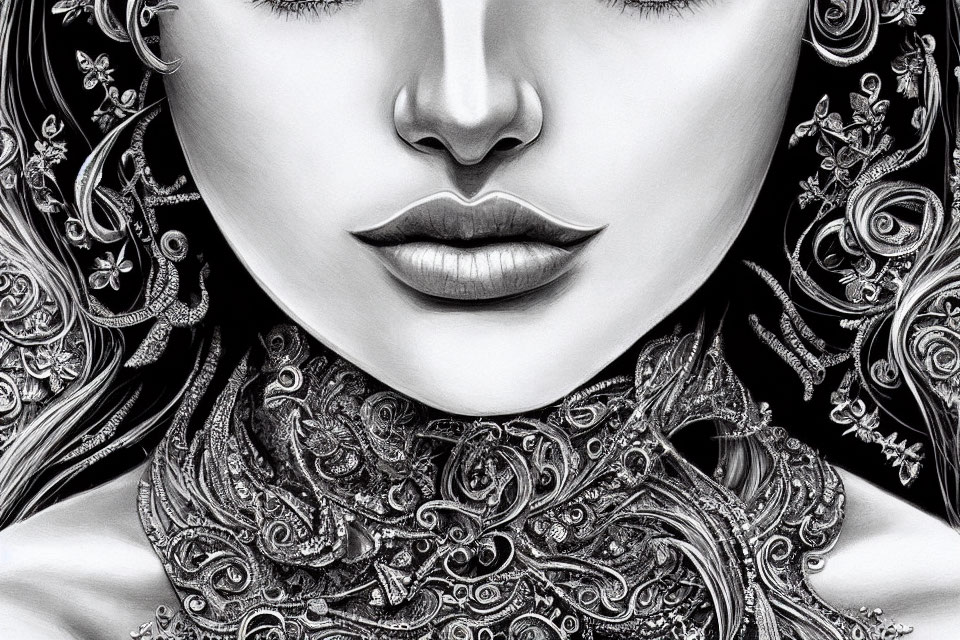 Detailed Monochrome Illustration of Woman's Lower Face with Intricate Patterns and Textures
