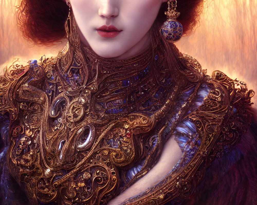 Pale-skinned woman in red lipstick wearing gold armor and fur accents on reddish background