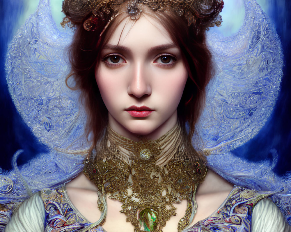 Digital artwork featuring woman with gold jewelry, regal headdress, and luminescent halo