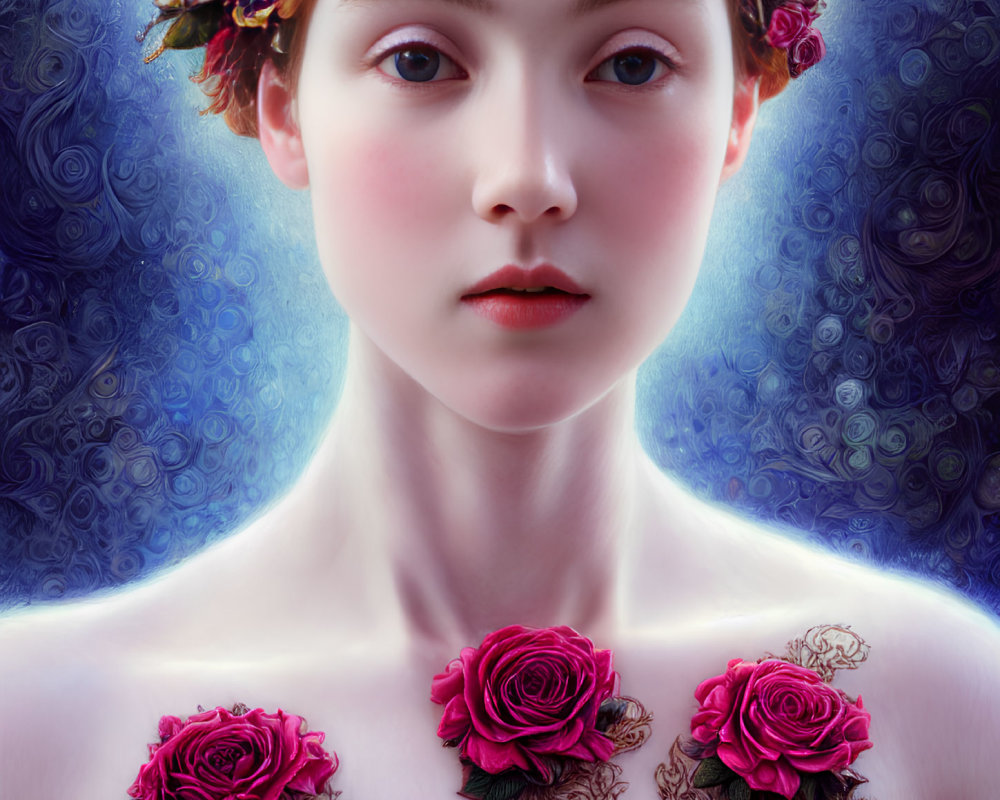 Portrait of Woman with Porcelain Skin and Red Roses on Blue Background