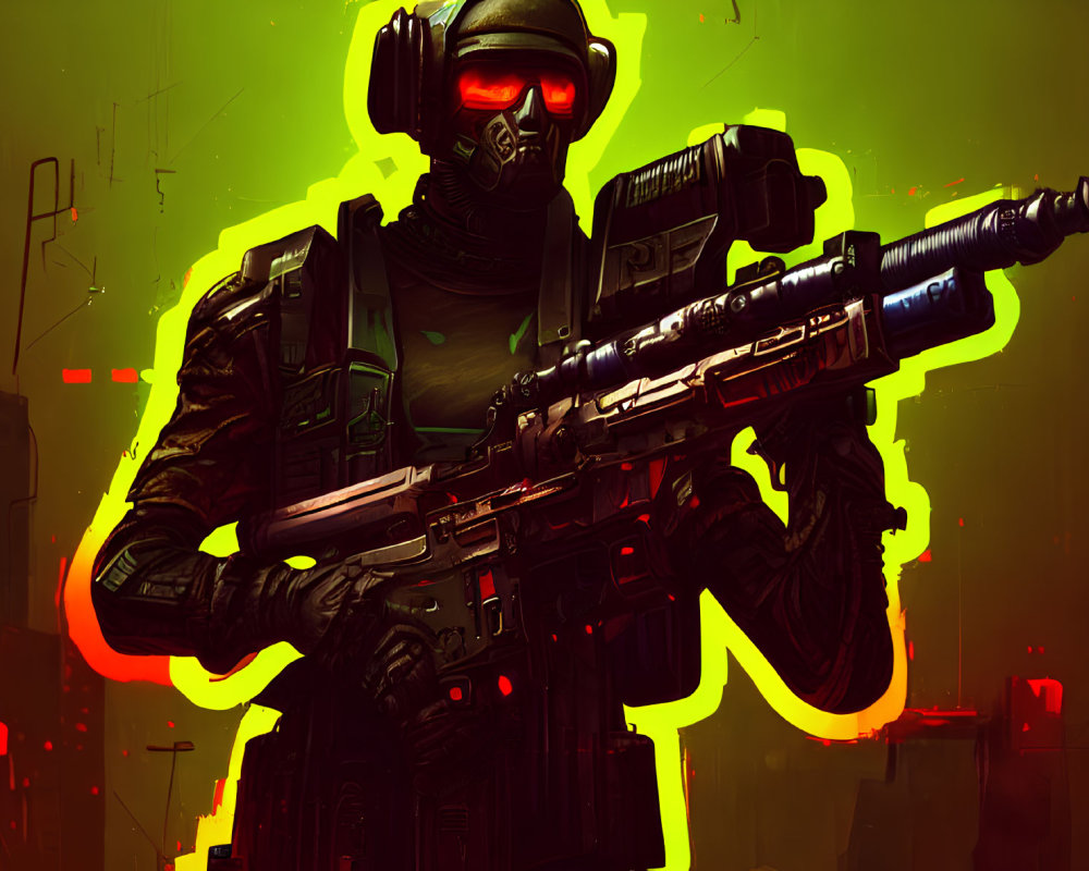 Futuristic soldier in full body armor with high-tech rifle on neon-lit backdrop