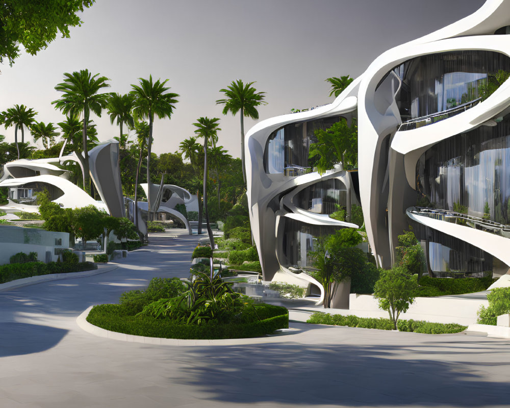 Organic-shaped futuristic architecture in lush green setting