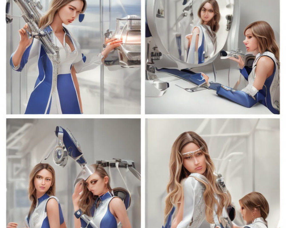 Futuristic female character with robotic arms in white and blue outfit