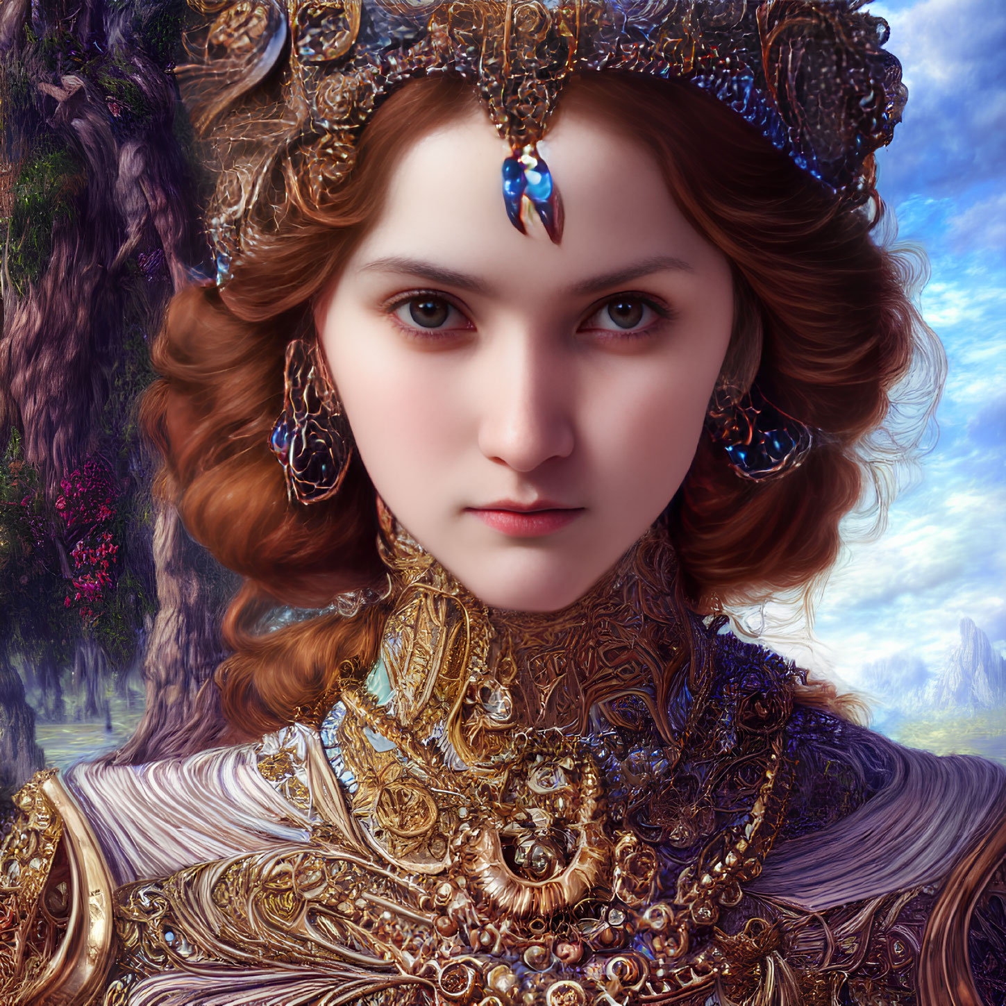 Portrait of Woman with Golden Headgear and Intense Eyes in Fantastical Forest