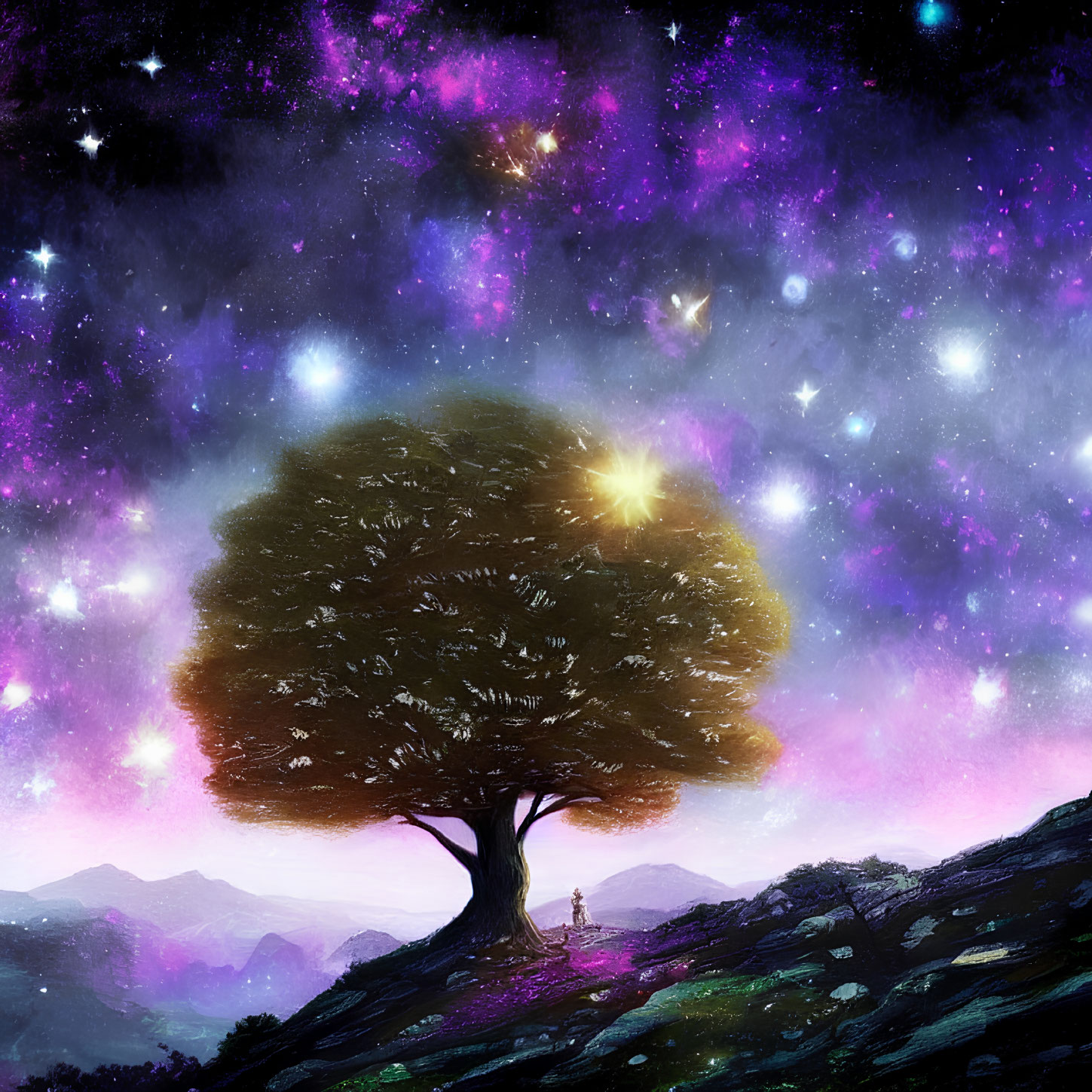 Solitary tree on hilltop under vibrant starry sky with person gazing at cosmos