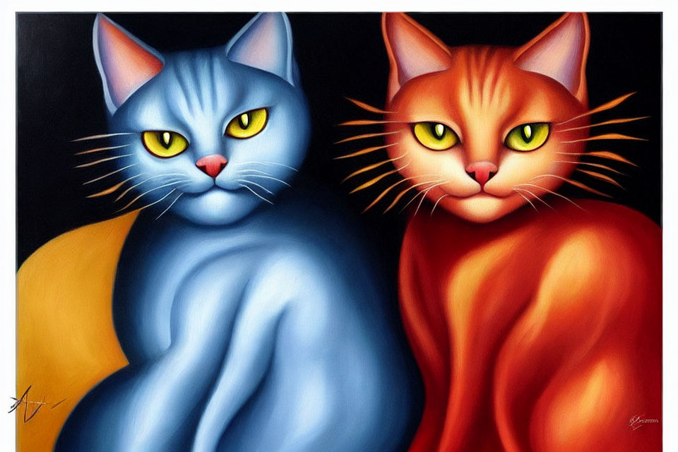 Stylized painting of two cats with human-like eyes on dark background